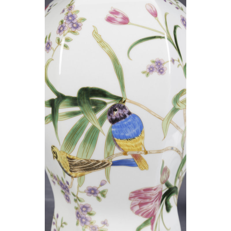 White Ceramic Floral and Bird Ginger Jar with Lid