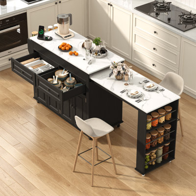 80.63" Extendable Kitchen Island With Power Outlet, 2 Storage Drawers, Open Shelves