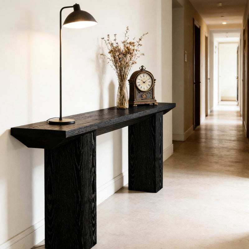Table d'entrée de 160 cm de long avec côtés triangulaires - Finition noire épaisse, hauteur 81,5 cm, cadre photo intégré, espace de rangement élargi, profondeur 159,5 cm