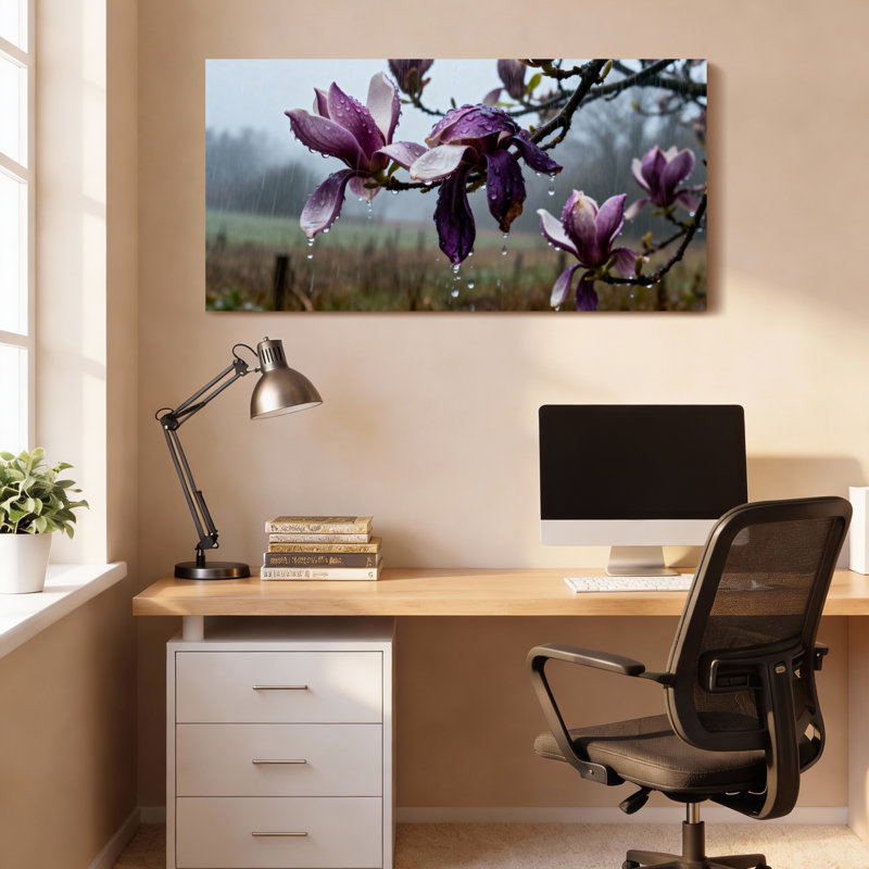 Ensemble de 1 tableau sur toile tendue représentant des fleurs de magnolia sous la pluie, H 12 po x l 36 po