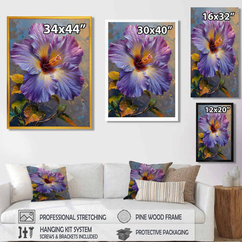 Hibiscus mauve, jaune et violet, Toile encadrée flottée blanche, H 40 po x l 30 po x P 1,5 po