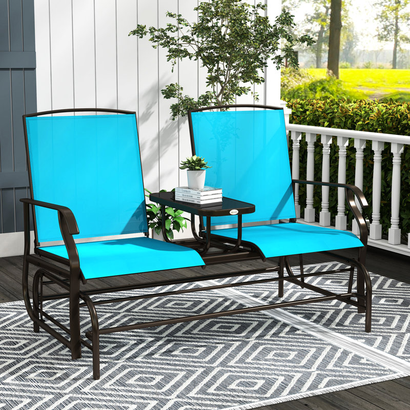 Banc de balançoire en métal avec table basse et cadre central en métal - Matériau respirant à double glissement bleu, pour jardin, patio, table de patio près de la piscine. Siège de jardin. Textile, 264 lb Par