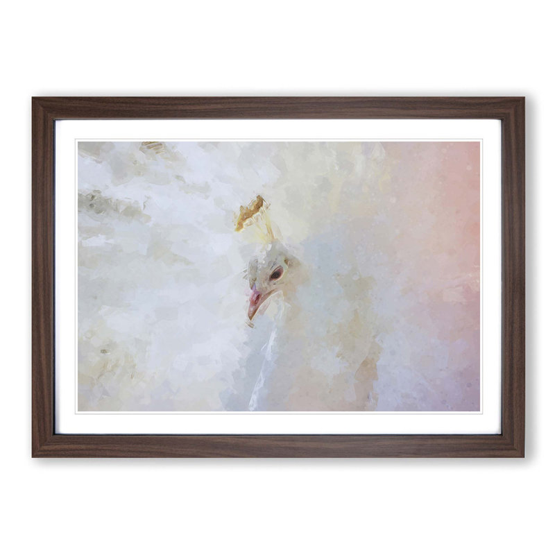 White Peacock in Abstract - Picture Frame Graphic Art Print, 40cm H x 60cm W x 2cm D, Walnut
