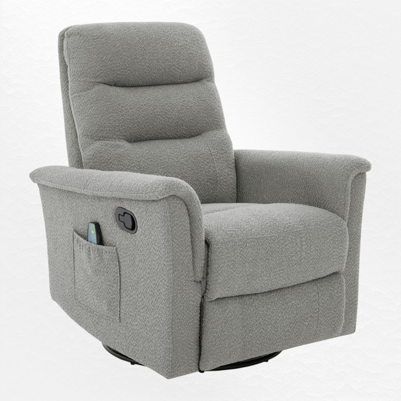 Swivel Rocker Recliner With Massage Function, Upholstered Nursery Recliner Chair With Side Pocket, Gray Polyester