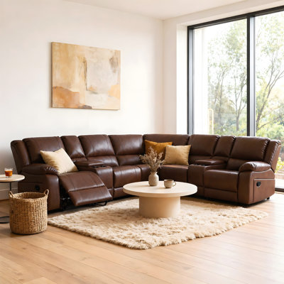 Wynyard 109" Wide Modular Sectional Faux Leather Reclining Sectional Sofa with Storage Console Cup Holders