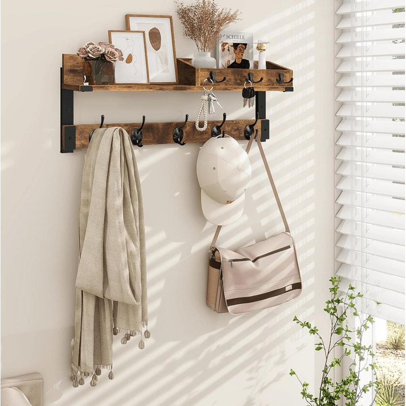 Portemanteau avec crochets, support mural avec porte-clés et porte-courrier, portemanteau long de 26 po - tablette d'entrée en bois