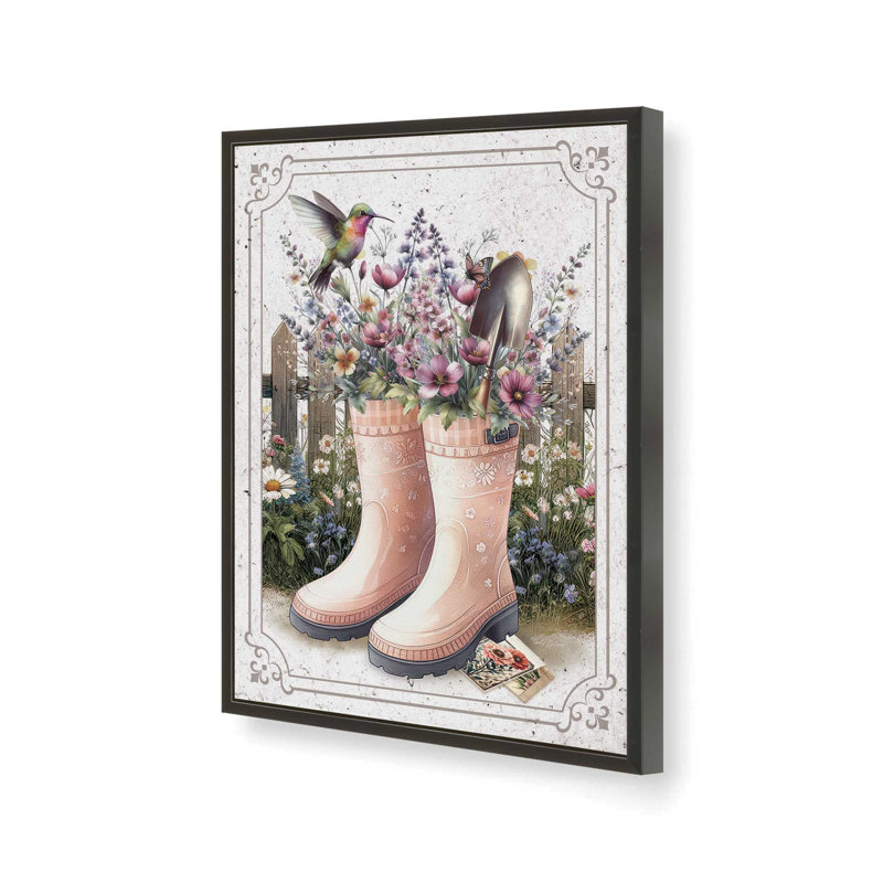 Dans les bottes de jardin par Nicole DeCamp, reproduction d'art, L 24 po x H 32 po, Noir, Impression encadrée