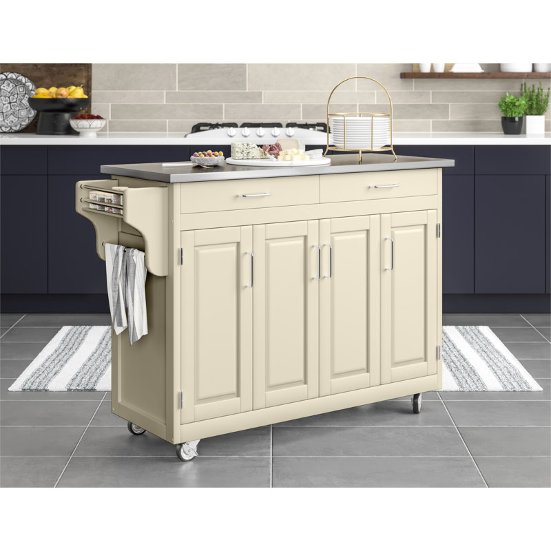 Îlot de cuisine roulant de 48,75 po de largeur avec comptoir en acier inoxydable Littrell, Blanc