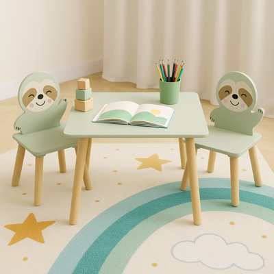 Kids Sloth Wooden Activity Table Set - 2 Cute Sloth Chairs, Sage Green Toddler Table & Chairs for Playroom, Bedroom, Classroom, Ages 2-8, CPC & CPSIA Certified