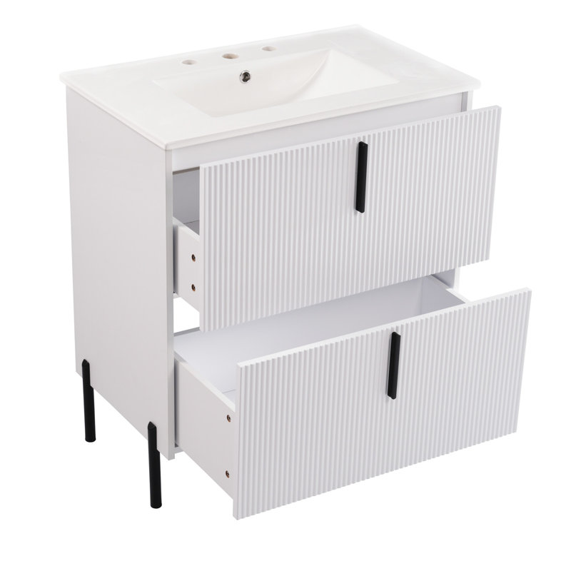 Meuble-lavabo de 30 po avec lavabo en céramique, conception cannelée pour la sophistication, système de tiroir à fermeture en douceur, tiroirs à extension, poignée de doigt de 5,8 po, pied de 8,27 po, blanc, glissières encastrées et encastrées idéales