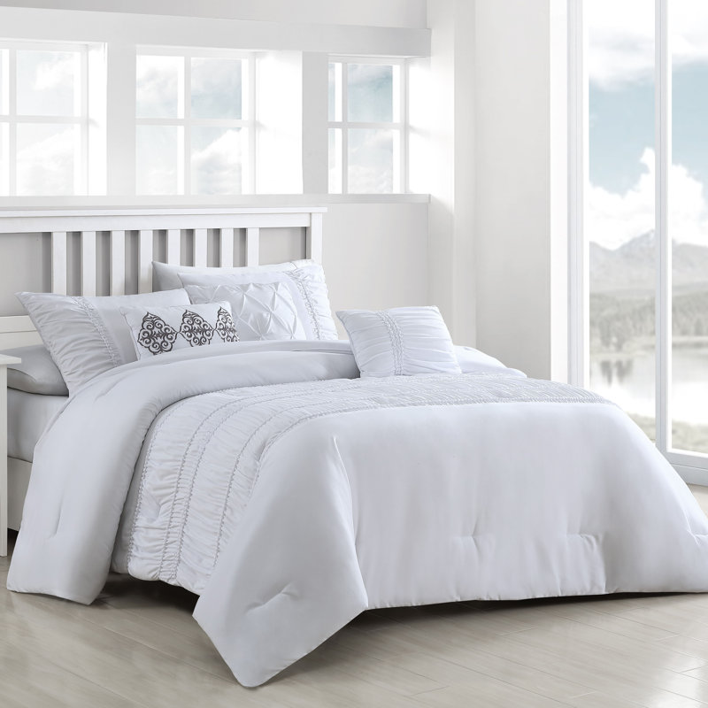 Ensemble d'édredon réversible Navier, Édredon pour grand lit + 2 taies décoratives + 3, Blanc