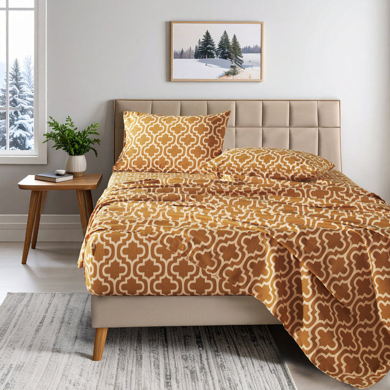 Blue Nile Mills Trellis 100% Cotton Flannel Deep Pocket Sheet Set, King Sheet Set with 2 Pillowcases, Pumpkin