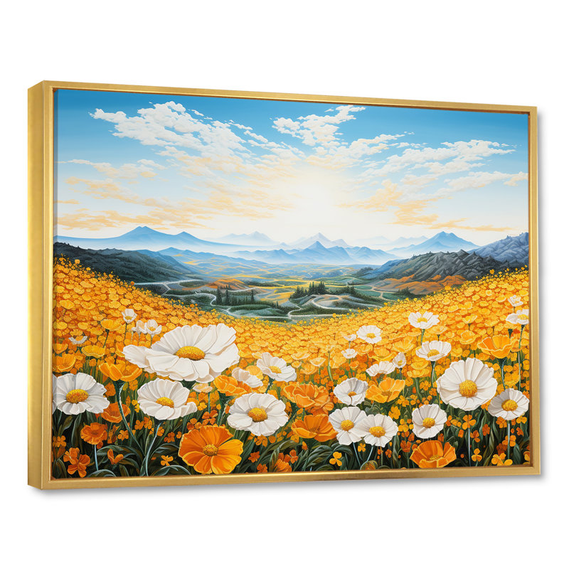 Jaune souci dans un paysage de montagne, Cadre flottant doré, H 34 po x l 44 po x P 1,5 po