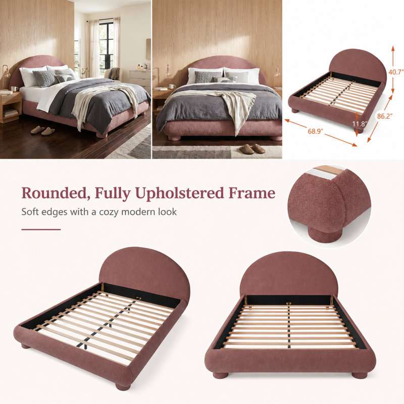 Lit plateforme Alviera en tissu bouclé avec tête de lit cintrée, sommier à lattes en bois, sans sommier tapissier, rouge roux