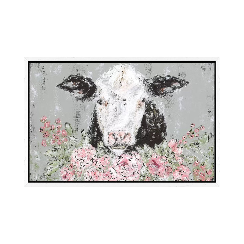 Floral Cow by Ashley Bradley - Painting on Canvas, White Framed, 101.6 cm H x 66.04 cm W