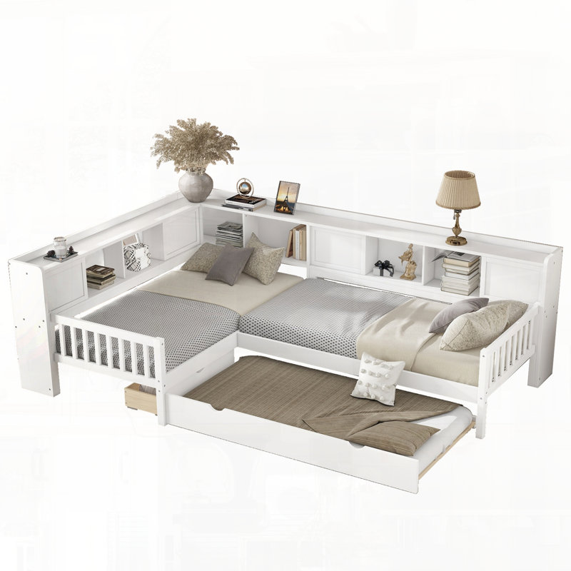 L-shaped Platform Bed with Trundle, Storage Drawers and Shelves, White