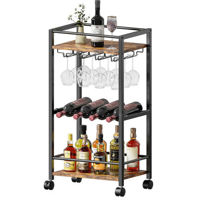 Bar Cart with Wheels, Rolling Home Bar Serving Cart with Wine Rack & Glass Holders, Mobile Beverage Trolley for Kitchen, Dining Room & Living Room, Rustic Brown