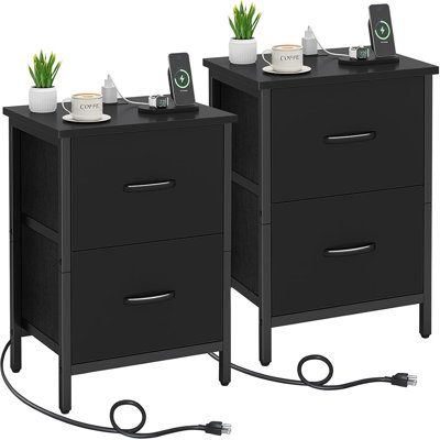 Ensemble de 2 tables de chevet avec station de recharge, prise électrique et ports USB, 2 tiroirs, revêtement en tissu, noir, pour chambre et salon