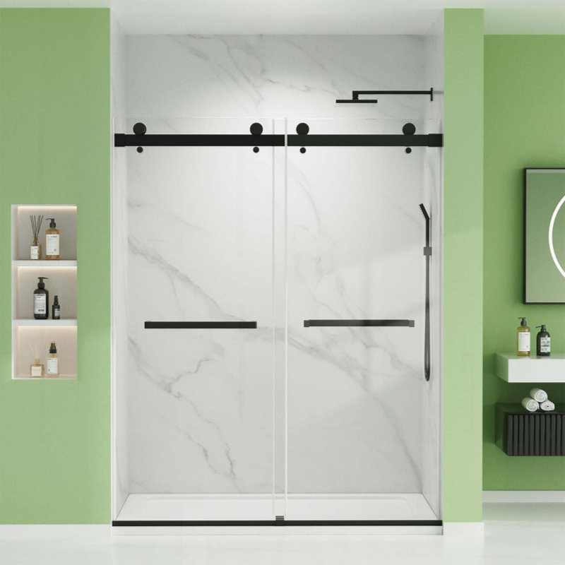 Porte de douche à double porte coulissante sans cadre avec verre trempé transparent de 8 mm, Brushed Nickel