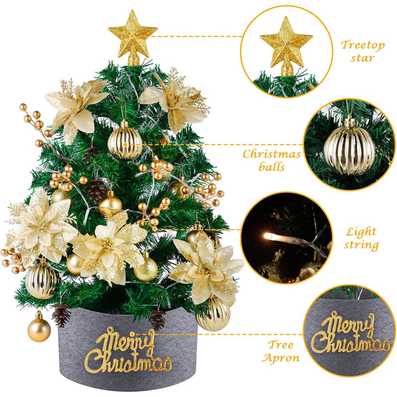Mini Christmas Tree with Lights: 2ft Tabletop Christmas Tree, Small Artificial Xmas Tree with Star Treetopper, LED String Light & Hanging Ornaments, for Desk Christmas Decors Home Office Party