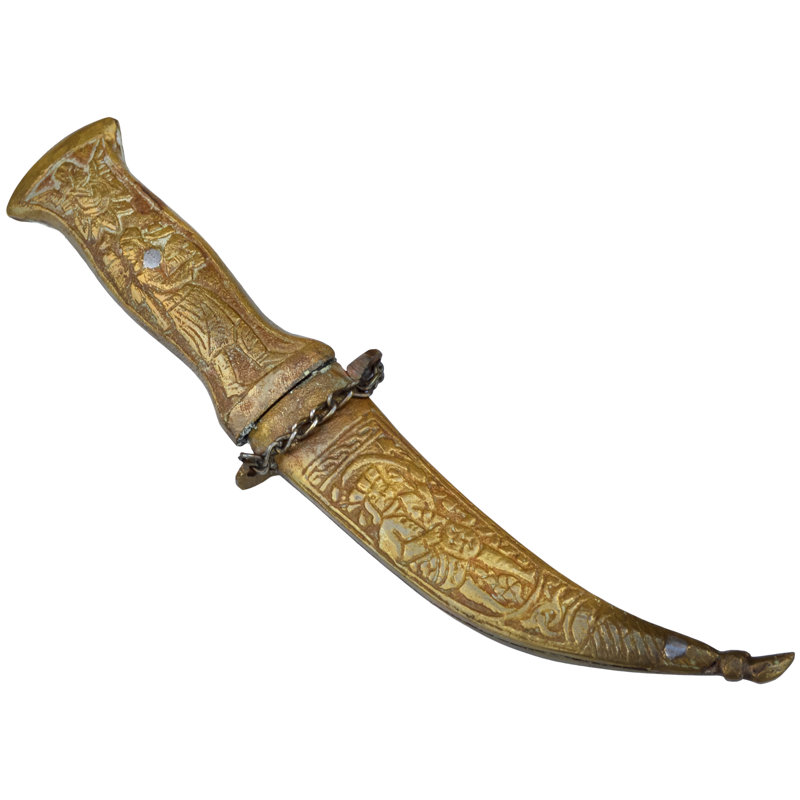 Early 20Th Century Handmade Babylonian-Patterned Brass Dagger