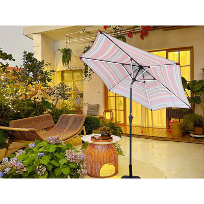 9FT Red Striped Patio Umbrella with Solar LED Lights and Wind Vent