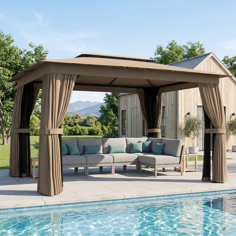 10' x 12' Outdoor Patio Gazebo, Soft Top Gazebo Canopy Shelter with Double Roof, Curtains, Netting, Steel Frame, UPF30+ Protection, Ceiling Hooks for Lawn, Backyard, Deck, Khaki