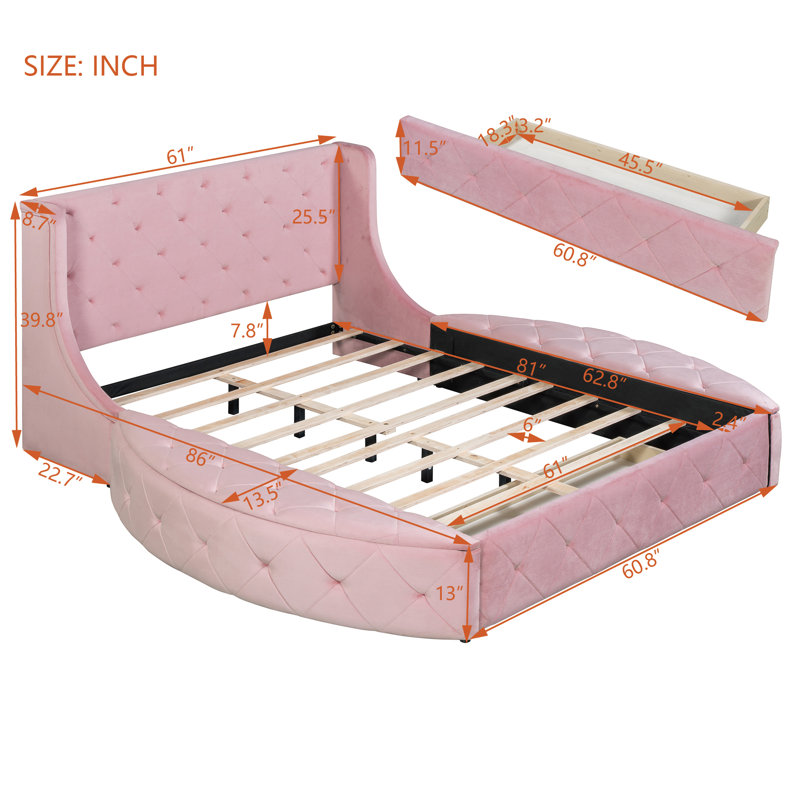 Grand lit plateforme tapissier avec tête de lit à oreilles, lit de rangement en velours avec grand tiroir et tabourets latéraux, rose