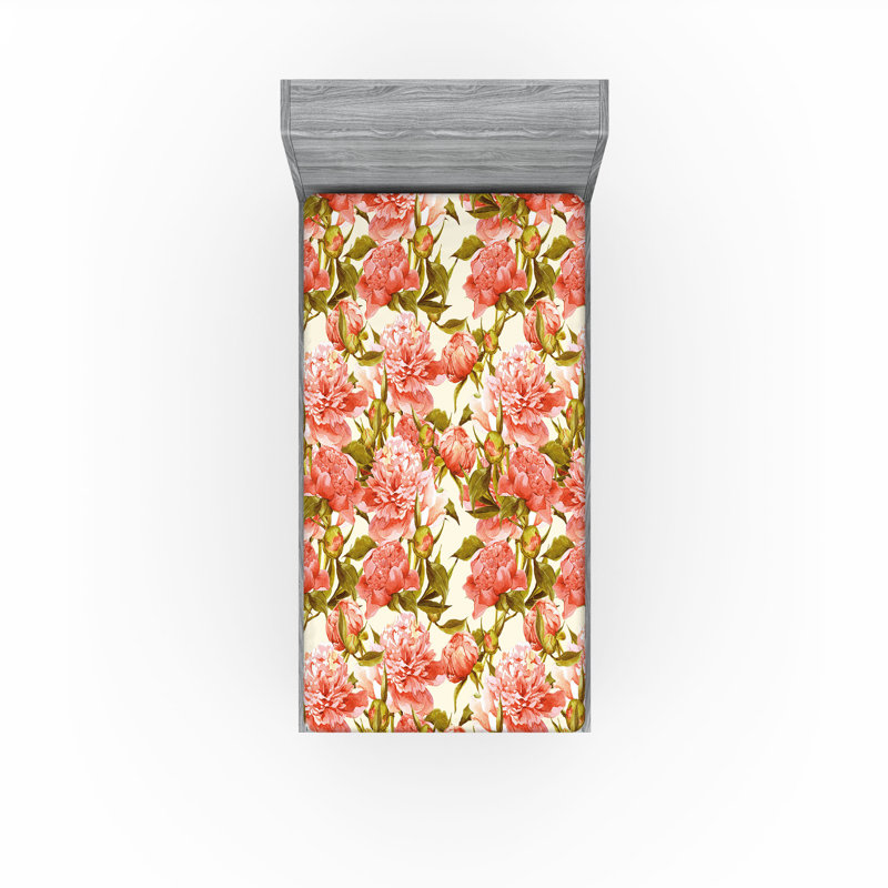 Drap-housse Ambesonne, Corail, vert olive pâle / floral, Drap-housse pour lit simple TG