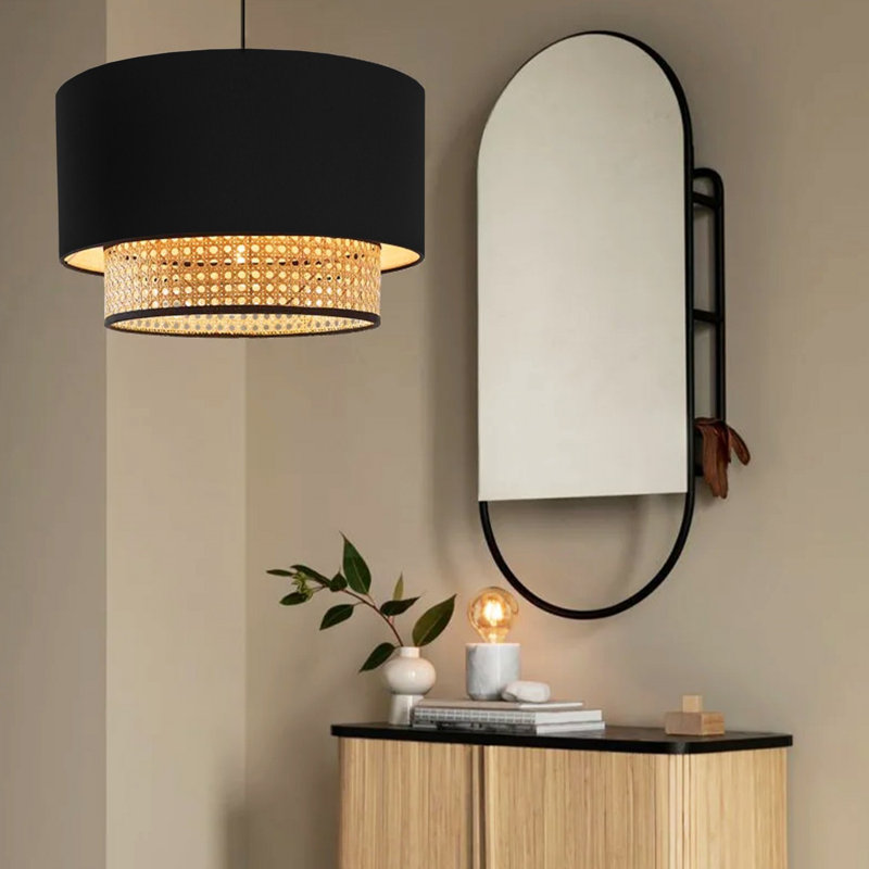 Elegant Black Chandelier, 31.5 x 8.3 inches | 50% Fabric / 50% Rattan, E27 Max. 15W LED | Stylish Lighting Fixture for Dining Room & Living Spaces, Perfect for Modern Décor & Ambiance Creation, 220-240V
