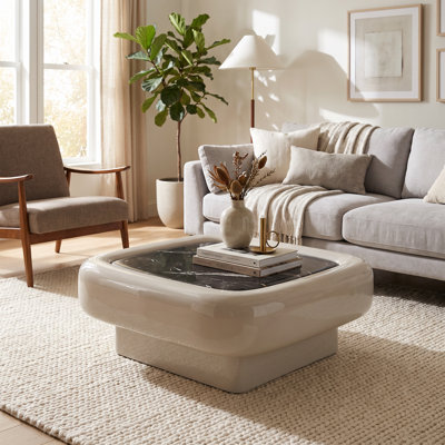 Table basse carrée moderne en marbre crème et noir - Entièrement assemblée - 89 cm de large