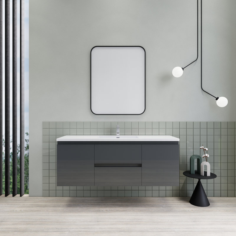 Meuble-lavabo de salle de bain flottant 60 po Alcester Ivy Bronx, Gris brillant