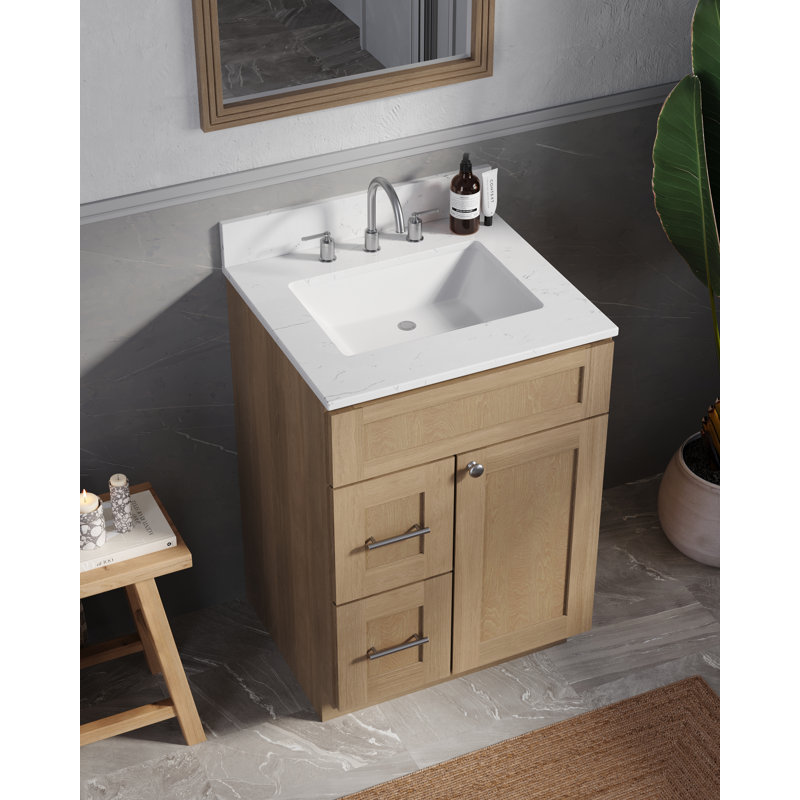 24'' Single Bathroom Vanity Solid Wood With Carrara Quartz Top, Natural Oak