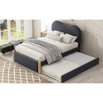 Lit plateforme simple tapissier blanc avec pieds de soutien en bois et lit gigogne - tête de lit en molleton confortable