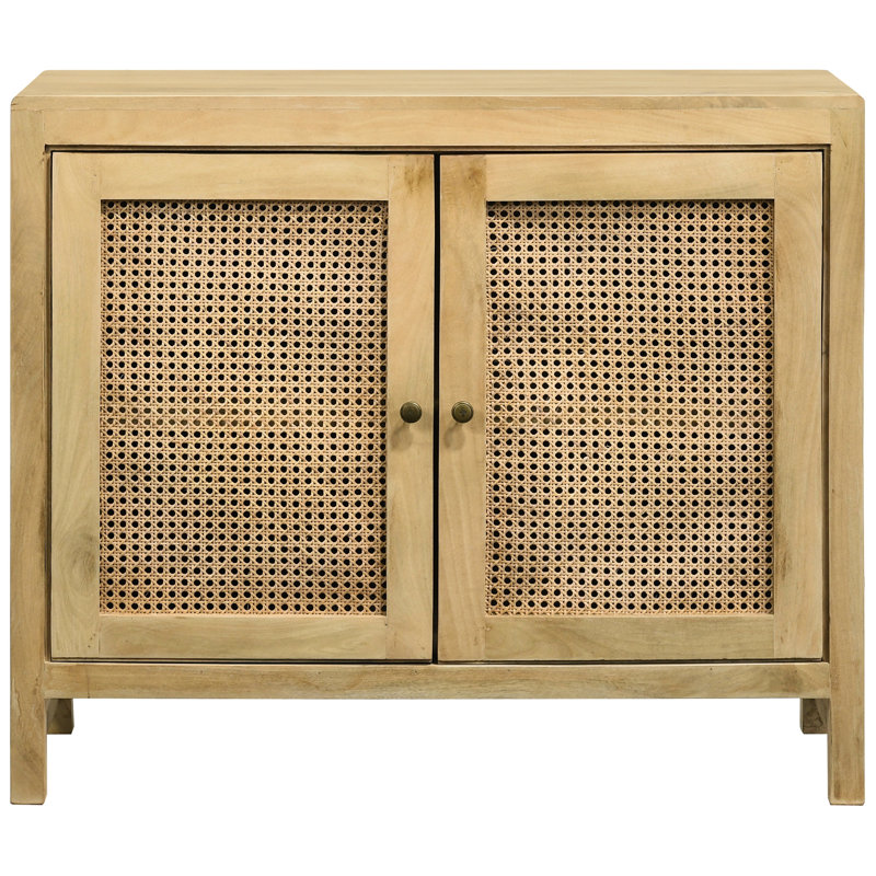 Armoire d'appoint 2 portes avec panneaux de canne tressés naturels, base en bois de manguier, accessoires en laiton antique pour le rangement des portes modernes, bois, fini
