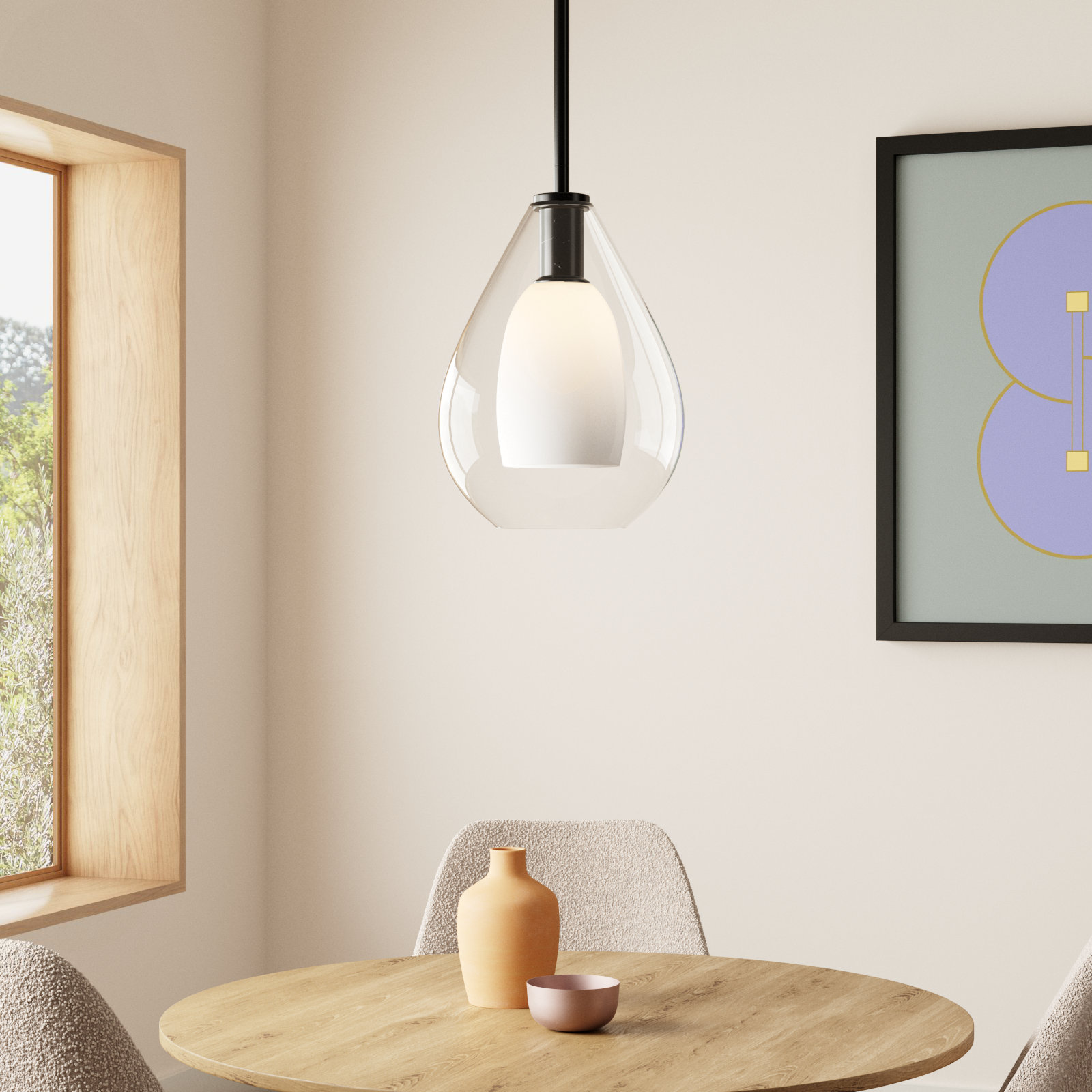 Eldine Single Light Glass Dimmable Pendant, 20.75" H x 15" W x 15" D, Matte Black