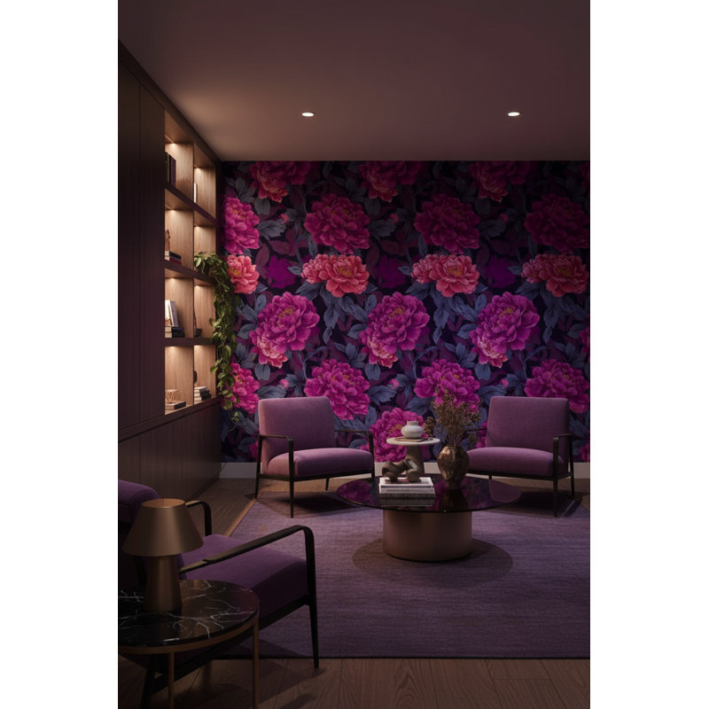 Papier peint floral rétro, décoration murale traditionnelle mauve