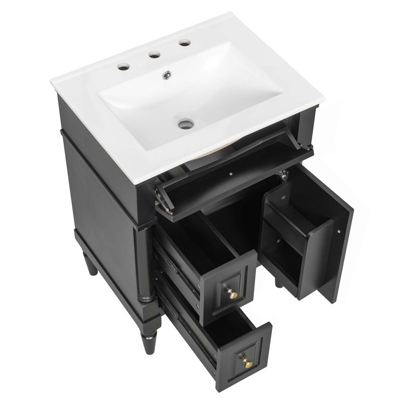 Meuble-lavabo de 24 po avec lavabo, armoire de salle de bain avec tiroir rabattable, tablette réglable, structure en bois d'hévéa massif, panneaux de fibres à densité moyenne et poignées en métal