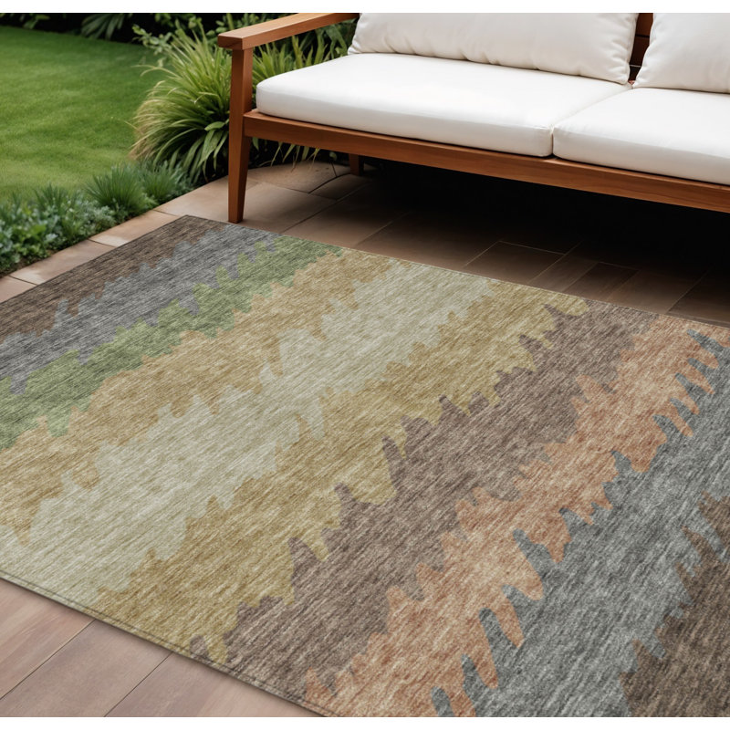 Tapis extérieur lavable rayé gris et vert 10 pi x 14 pi chocolat