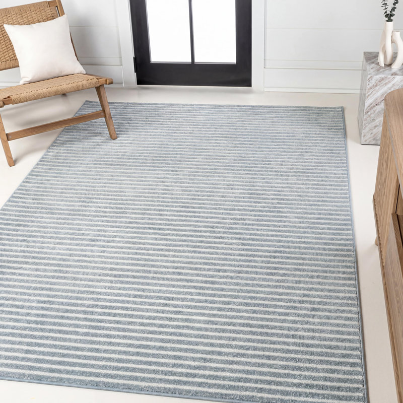 Ryansh High-Low Minimalist Scandi Striped Blue/Ivory Indoor/Outdoor Rug, Rectangle 2'11" x 5'