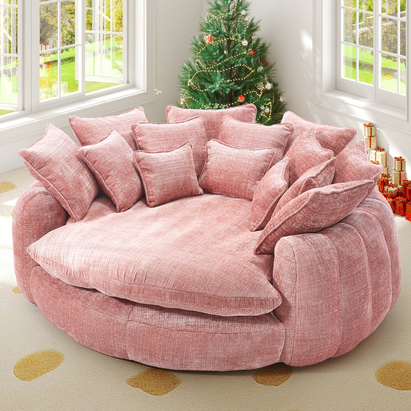 81" Oversized Round Chaise Lounge Sofa Bed with Chenille Upholstery and 14 Pillows, Pink