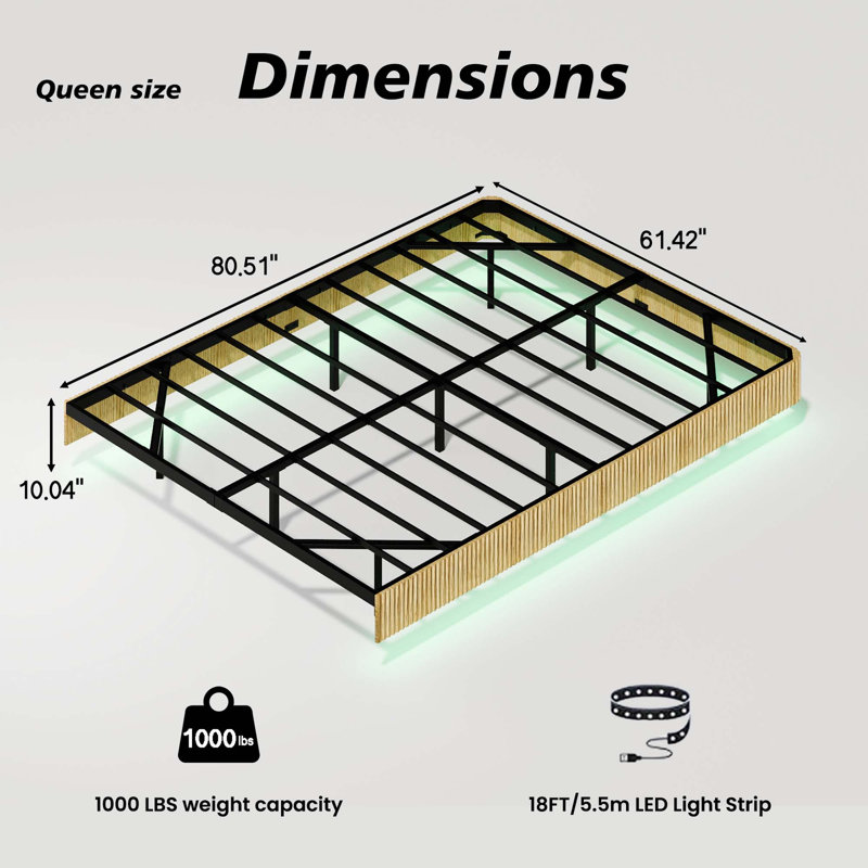 Floating Bed Frame With LED Lights, Natural, Queen