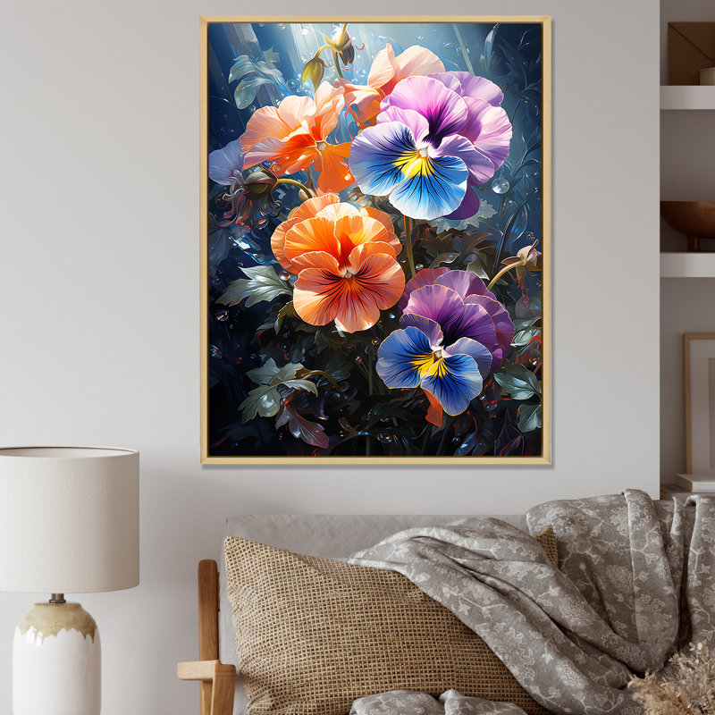 Orange et bleu «Pansie Blooms Serenity» - art mural Pensies, Cadre flottant brun, H 32 po x l 16 po