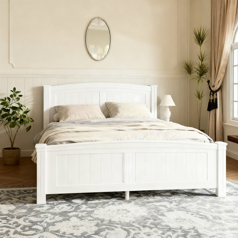 Full Size Platform Bed, Solid Wood Platform Bed with Support Slats and Strong Structure, No Box Spring Needed, Light White