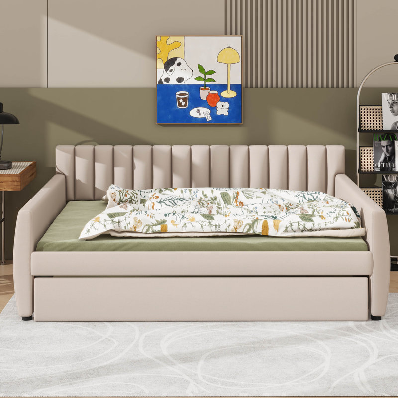 Lit de jour double rembourré avec lit gigogne intégré, Beige