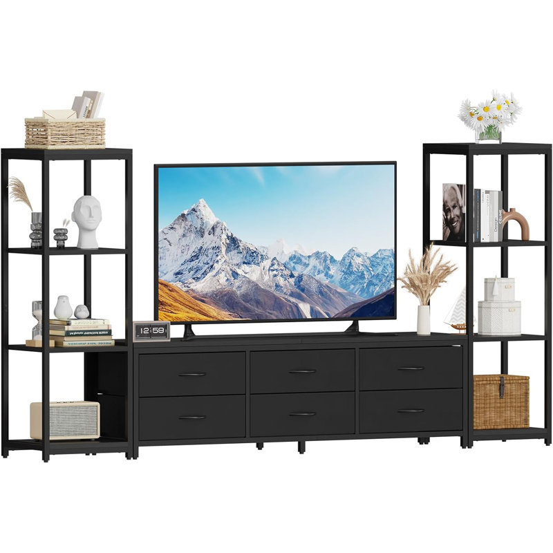 Meuble télé avec commode pour téléviseur de 75 pouces, grand centre de divertissement avec tiroirs en tissu et tablettes de rangement à 4 niveaux