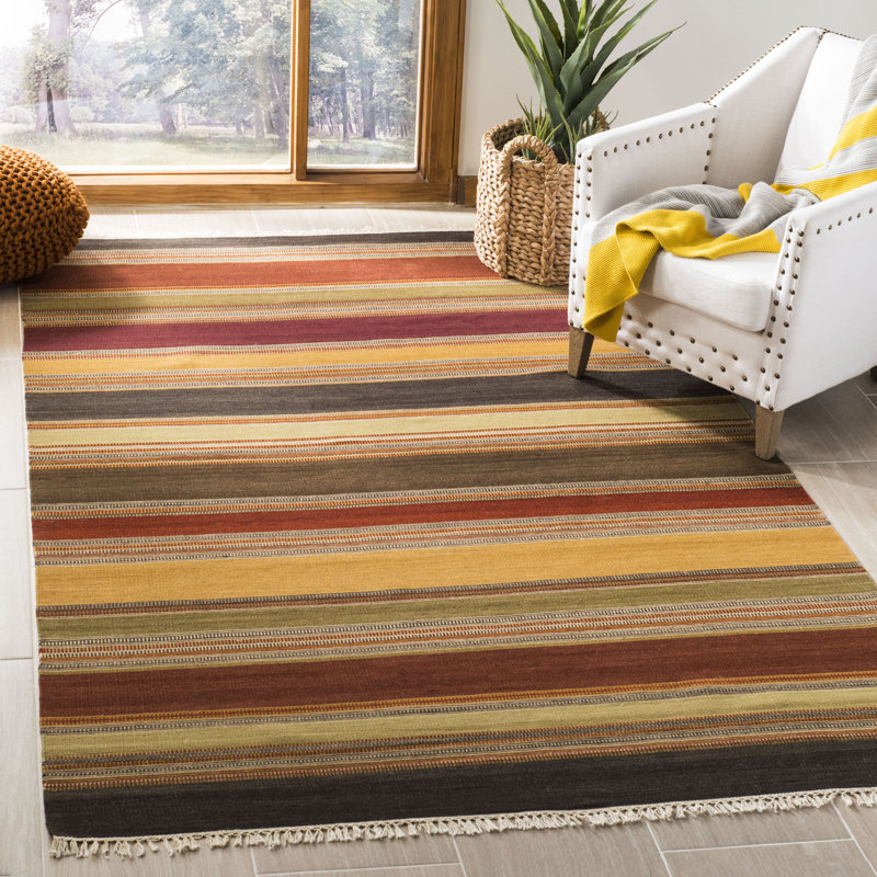 Striped Wool Hand Woven Area Rug, Rectangle 122 x 183cm