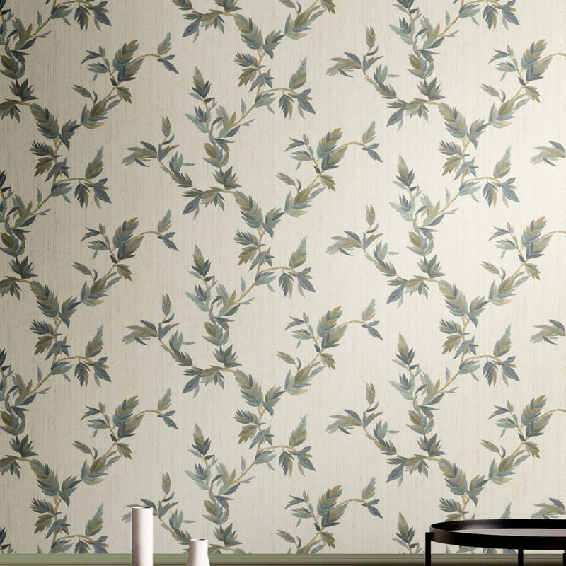 Ornamenta Collection Thin Leaf Shimmer Finish Wallpaper Roll, Green