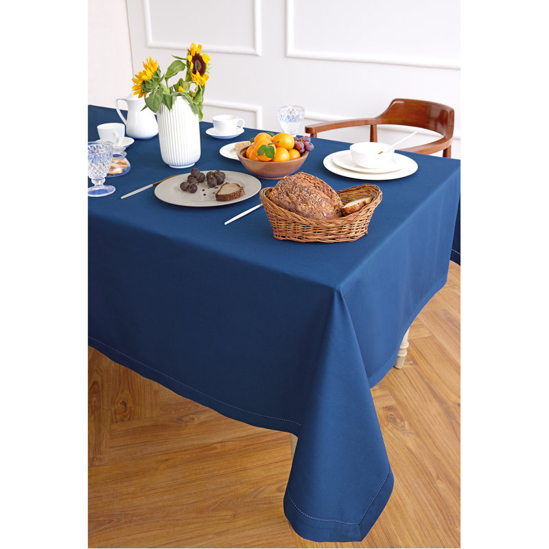 Cotton Linen Hemstitch Tablecloth, 84" x 60", Lapis Blue