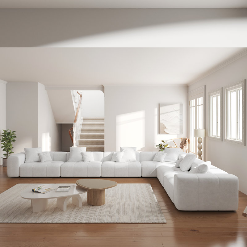 Canapé modulaire Kay Crumley, Mélange de lin blanc, Orienté à gauche (vu de face), H 24,8 po x l 183,54 po x P 132,30 po